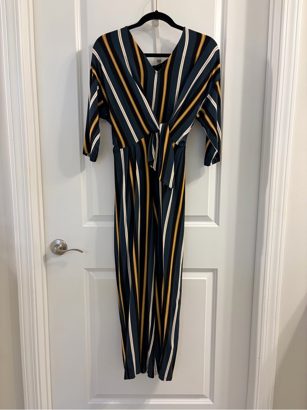 Bershka Striped Tie-Waist Jumpsuit Dress - Navy, Mustard & White